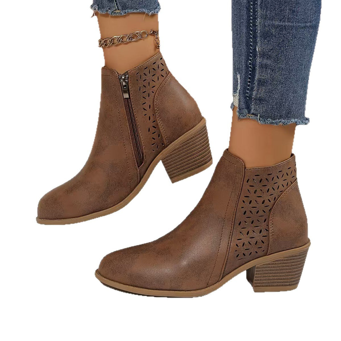 Women's Hollow Pointed Toe Low Heel Chelsea Boots with Side Zipper