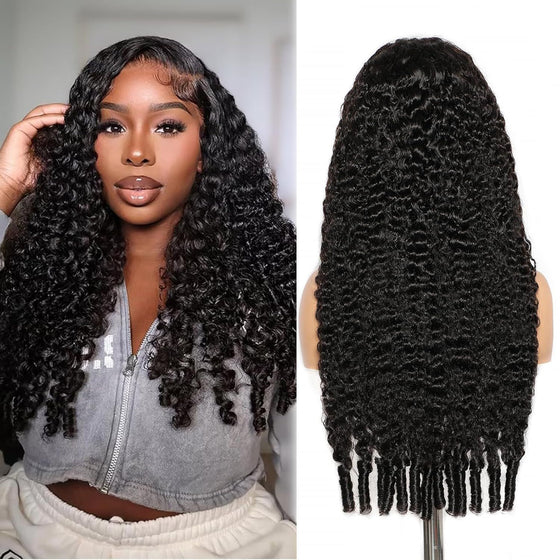 Woman wearing a long curly black wig with twisted ends