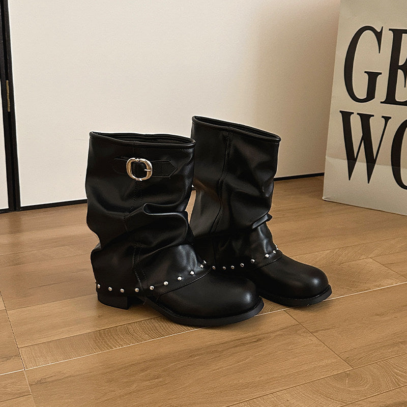 Women's solid-color pleated ankle boots