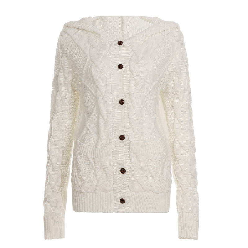 Women's white loose twist-knit hooded cardigan with pockets, photo 7