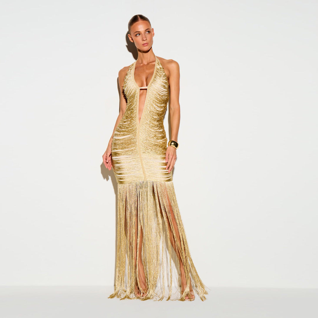 Gold deep V-neck sleeveless backless dress with tassels, photo 1