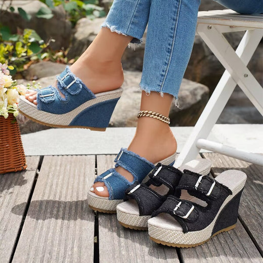 Women's Denim Wedge Heel Peep-Toe Sandals