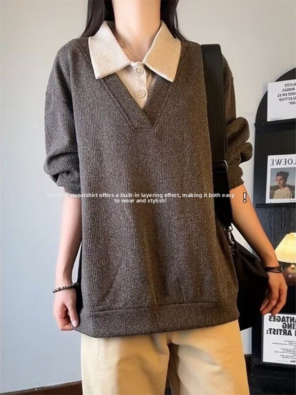 Men's Faux Two-Piece V-Neck Knit Sweater Breathable Anti-Static Long Sleeve Pullover