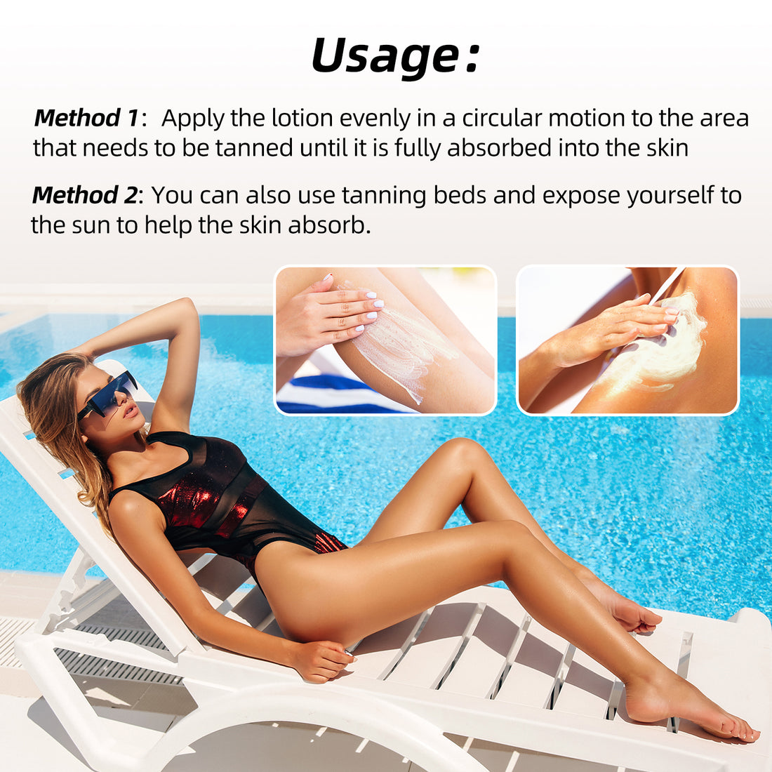 Bronze tanning lotion application on skin