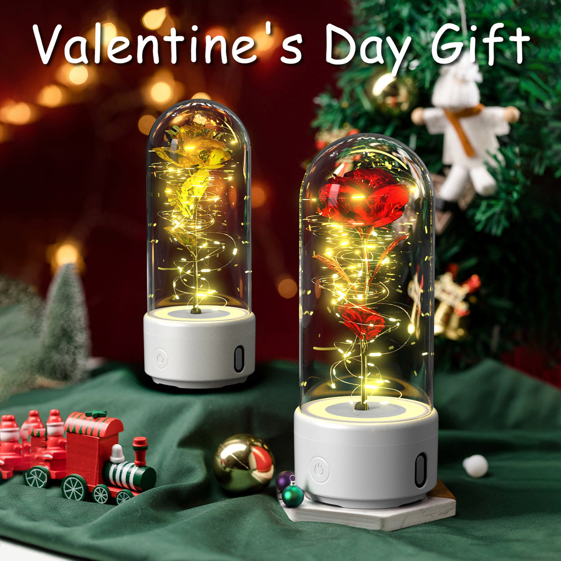 Gold rose glass dome lamp with white speaker base beside a Christmas tree, Valentine's gift