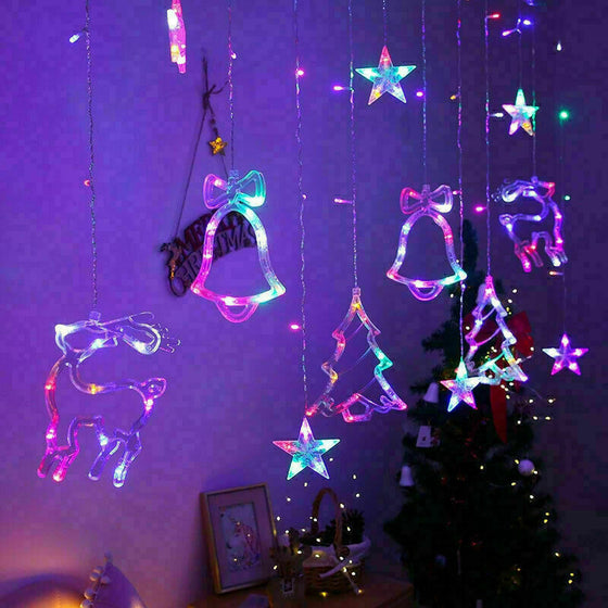 Multicolor Christmas curtain lights with tree, bell, star and reindeer shapes