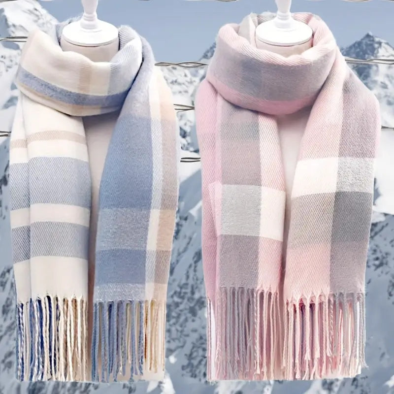 Blue plaid and pink plaid tassel winter scarves on mannequins, snowy background