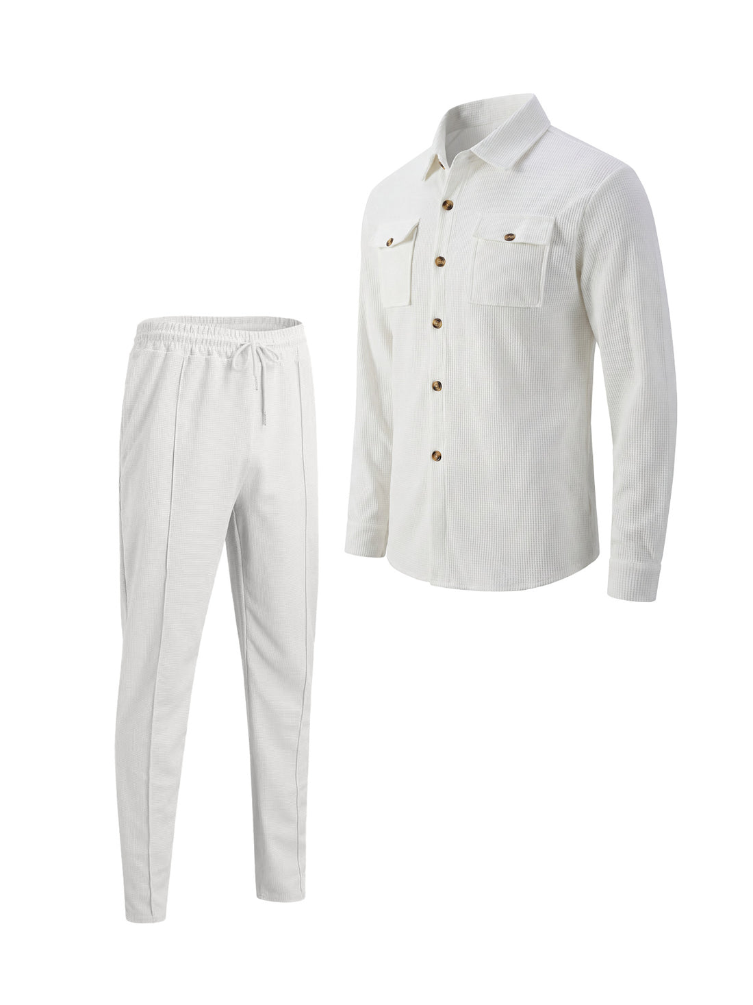 Men's Casual Waffle Solid Color Track Suit Long Sleeve Lapel Jacket and Pants Two-Piece Set