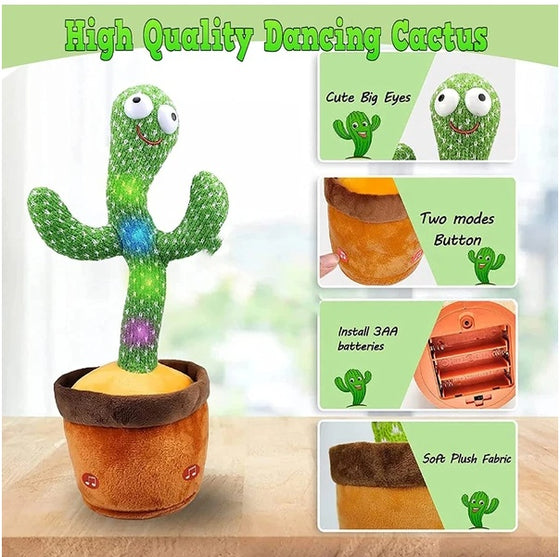 Dancing cactus features: big eyes, two-mode button, 3 AA battery compartment, soft plush