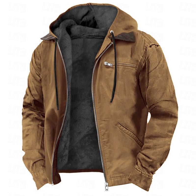 Mens Hooded Cotton Fleece Lined Zip Jacket