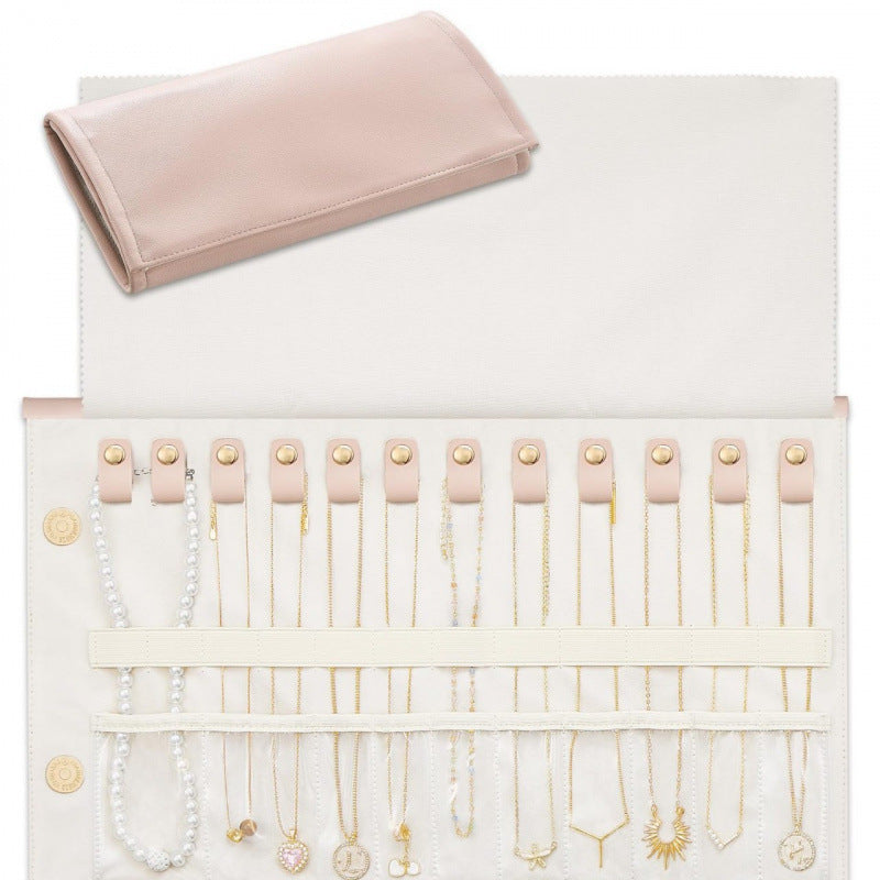 Foldable Leather Necklace Storage Organizer Roll-Up Travel Jewelry Bag