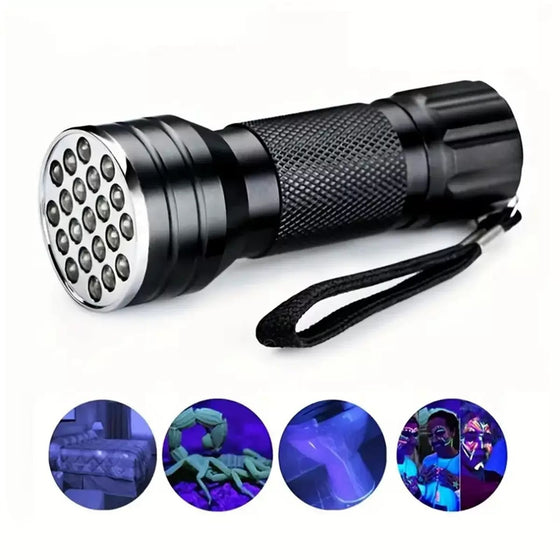Purple UV flashlight with wrist strap and UV detection examples