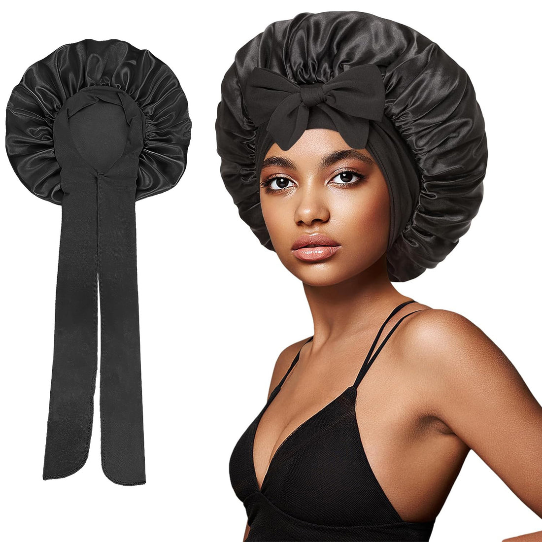 Elastic Satin Round Wide-Brimmed Headscarf Hat Solid Color Artificial Silk Nightcap