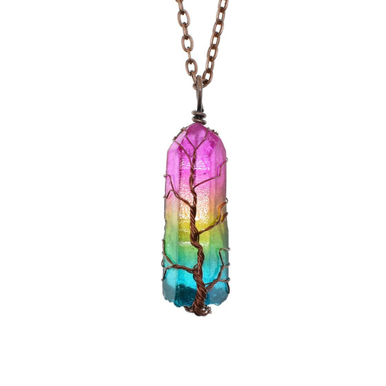 Rainbow crystal pendant wrapped in tree of life wire