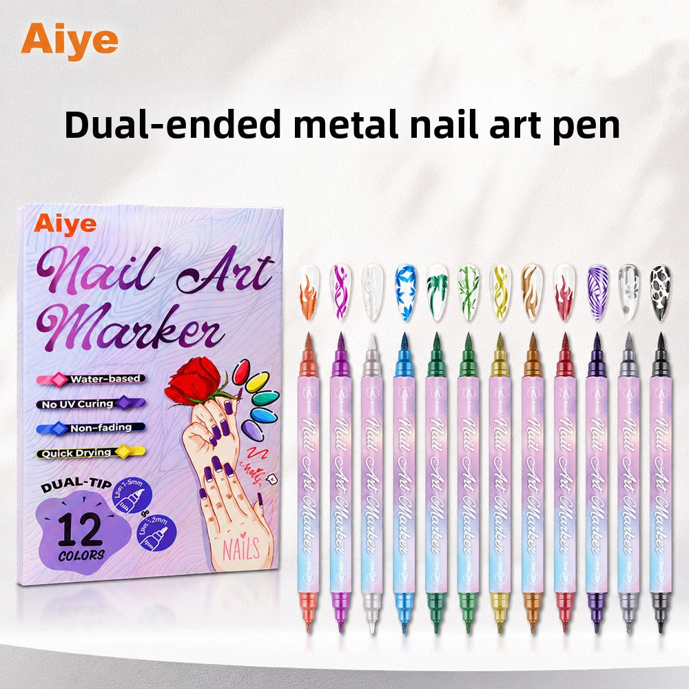 12-Color Dual-Ended Metallic Nail Art Pen Set for Drawing and Smudging