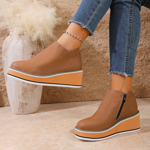 Womens Wedge Heel Ankle Boots Side Zipper Pointed Toe Comfortable Short Boots