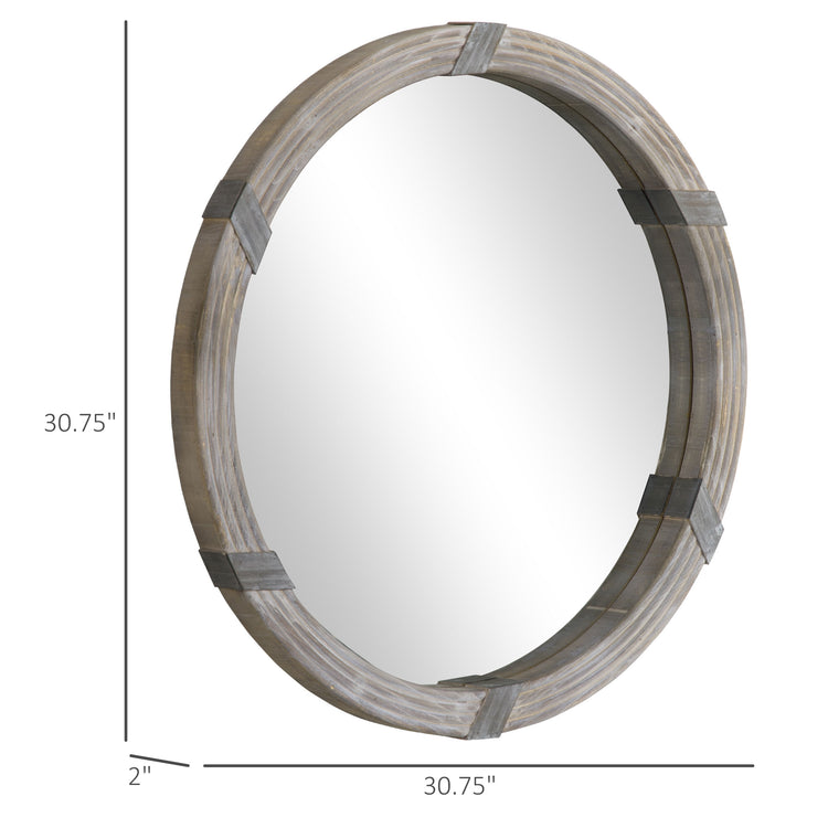 Full view of 30-inch round wood wall mirror