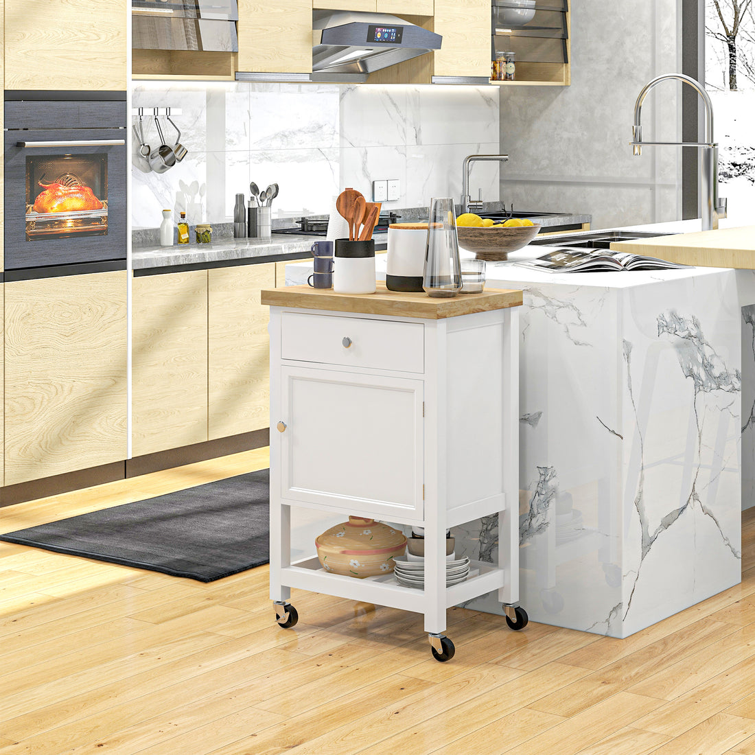 Kitchen cart locking casters close-up
