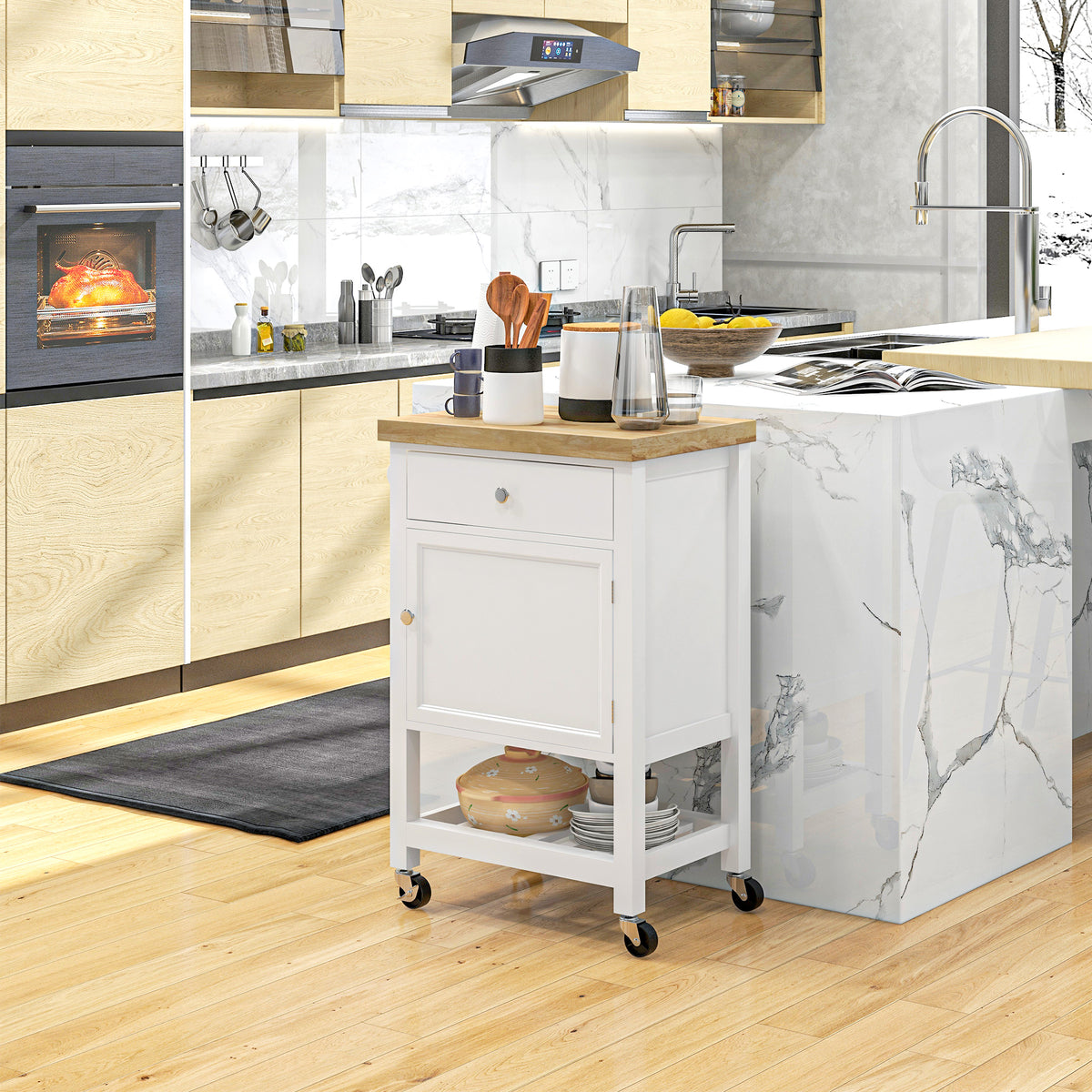 Kitchen cart locking casters close-up