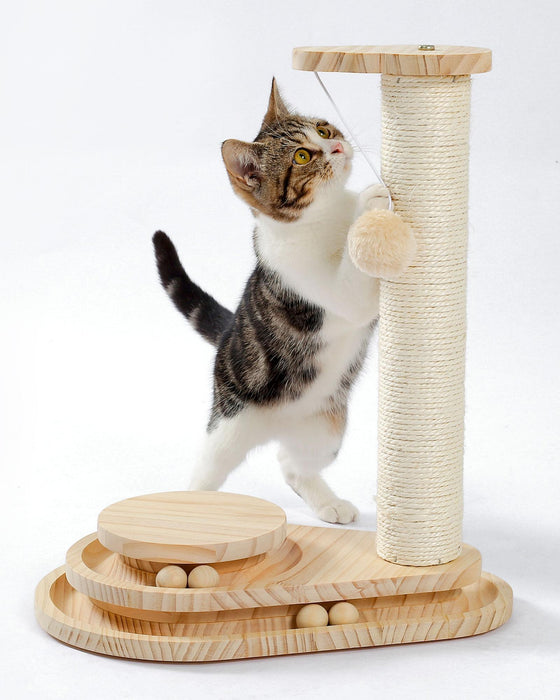 Kitten batting the pom-pom on a sisal scratching post with ball track base