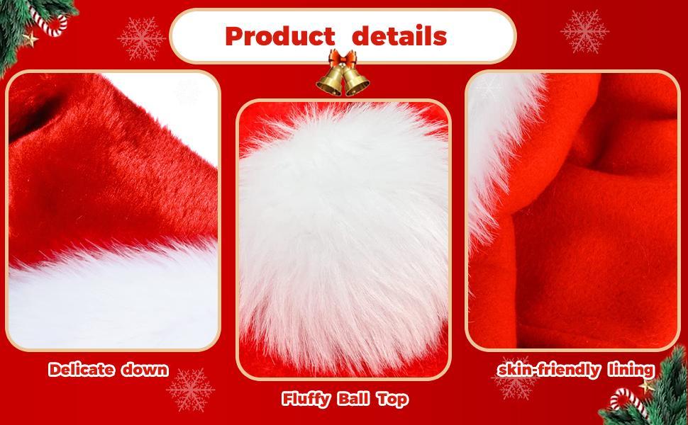 Santa hat details: plush trim, fluffy pom-pom and soft lining