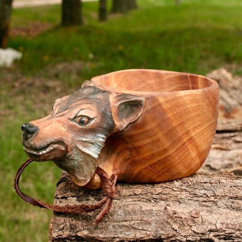 Kuksa wooden mug with painted grey wolf head handle, Wolf Painting style