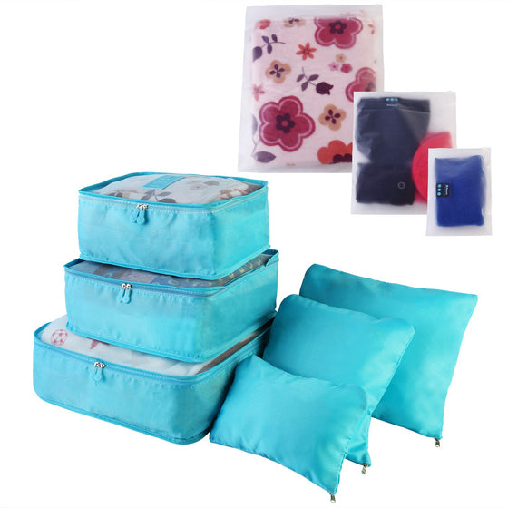 Blue packing cube set with matching pouches