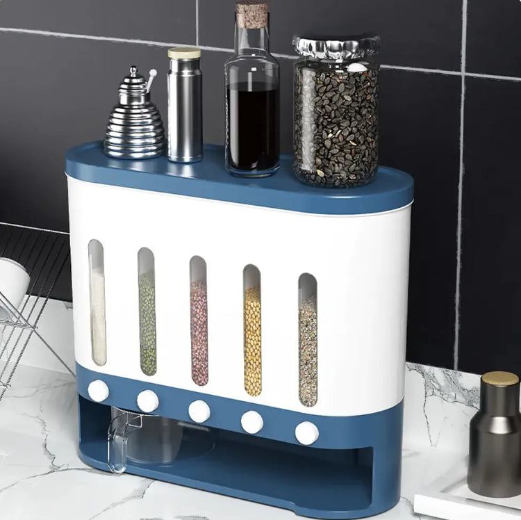 Grain storage container shown in the grey colorway