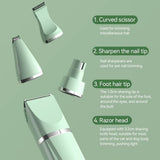 Cordless pet grooming kit attachments and blades layout