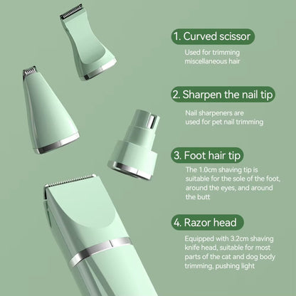 Cordless pet grooming kit attachments and blades layout
