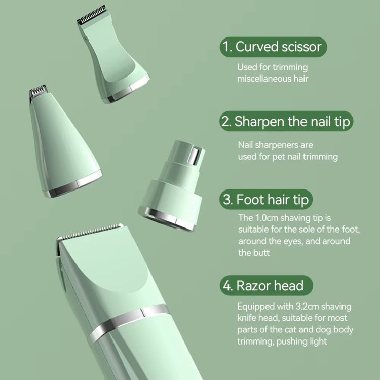 Cordless pet grooming kit attachments and blades layout