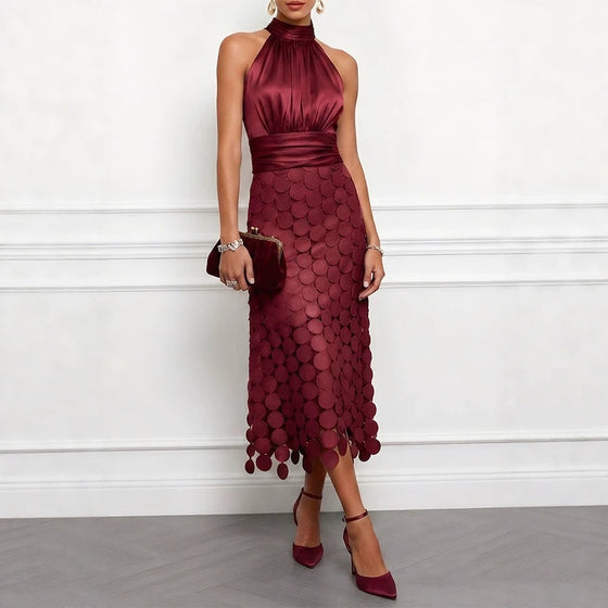 Women's Sleeveless High-Waisted Patchwork Polyester Mid-Length Dress