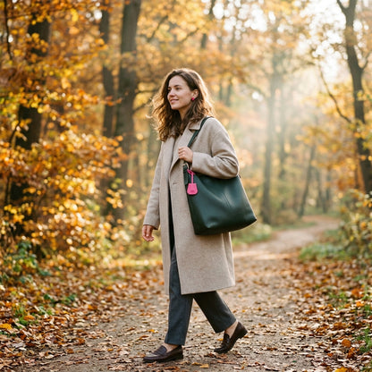 Woman carrying a large cowhide tote shoulder bag through a sunlit autumn park