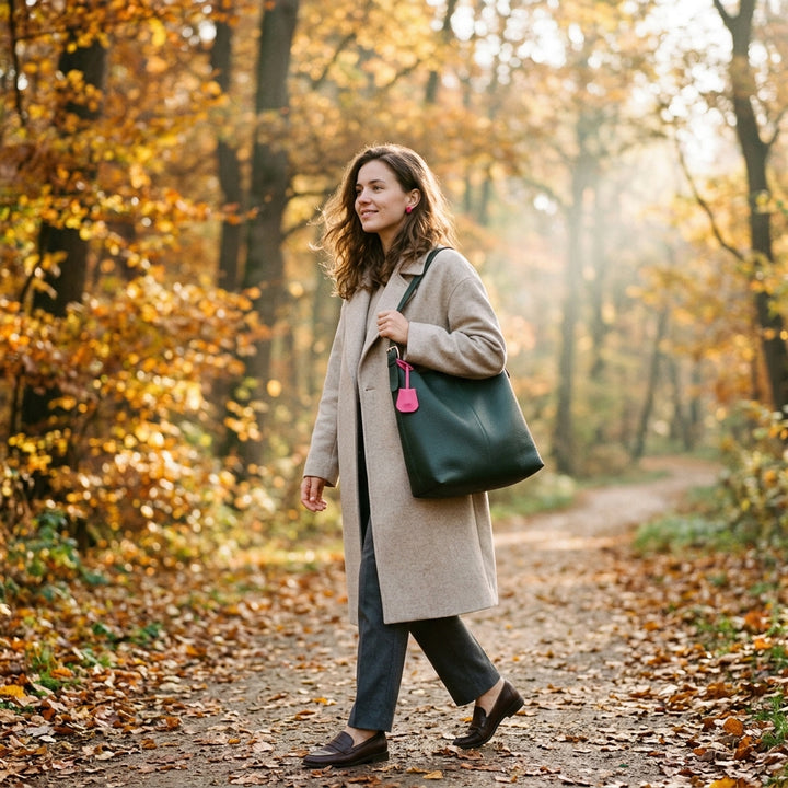 Woman carrying a large cowhide tote shoulder bag through a sunlit autumn park