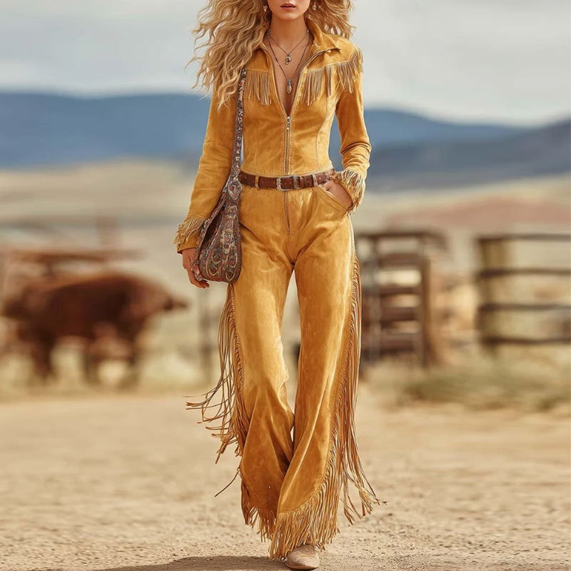 Women's Retro Western Fringe Bootcut Suede Pants