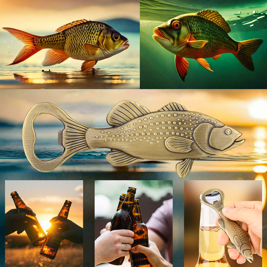 Bronze bass bottle opener with collage of fish and friends drinking beer