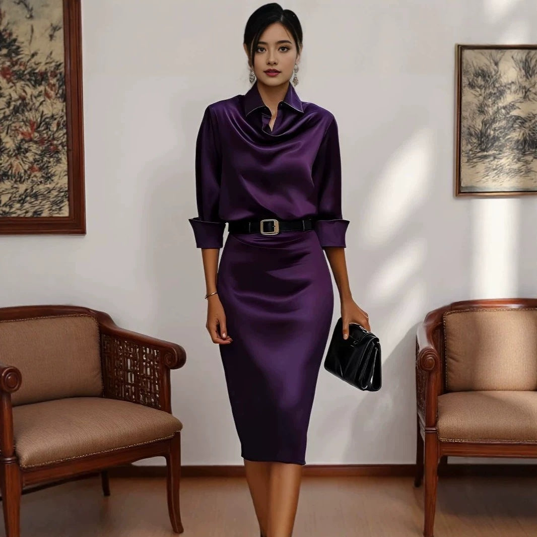 Women's Acetate Satin Long Sleeve Midi Dress with Shirt Collar, image 4 of 35