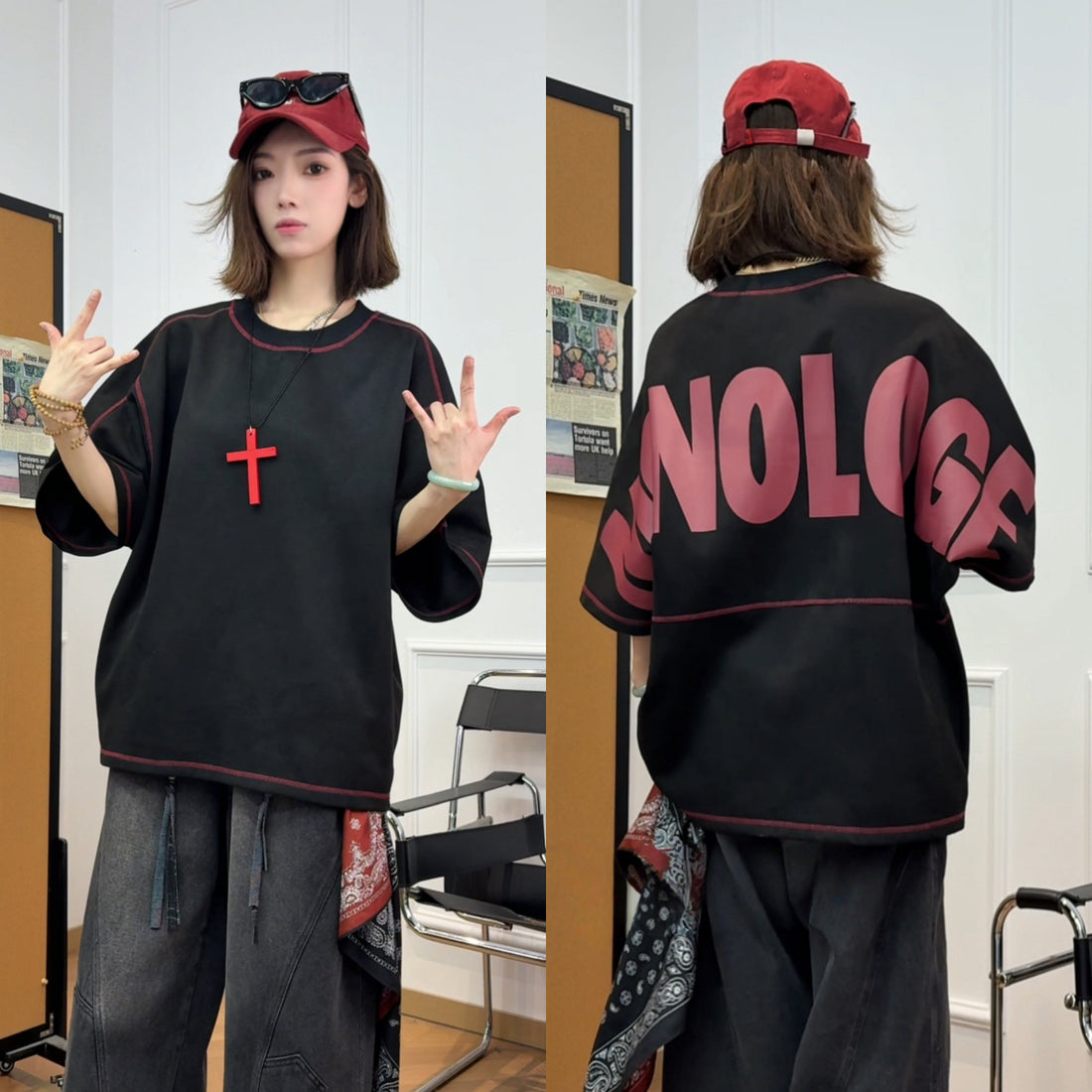 Letter-stitched design short sleeve shirt