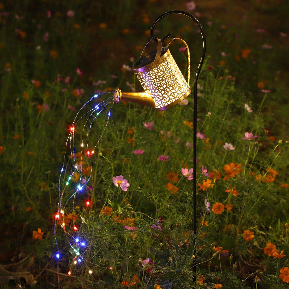 Solar Powered Iron Art Lawn Lamp with Water Kettle Design