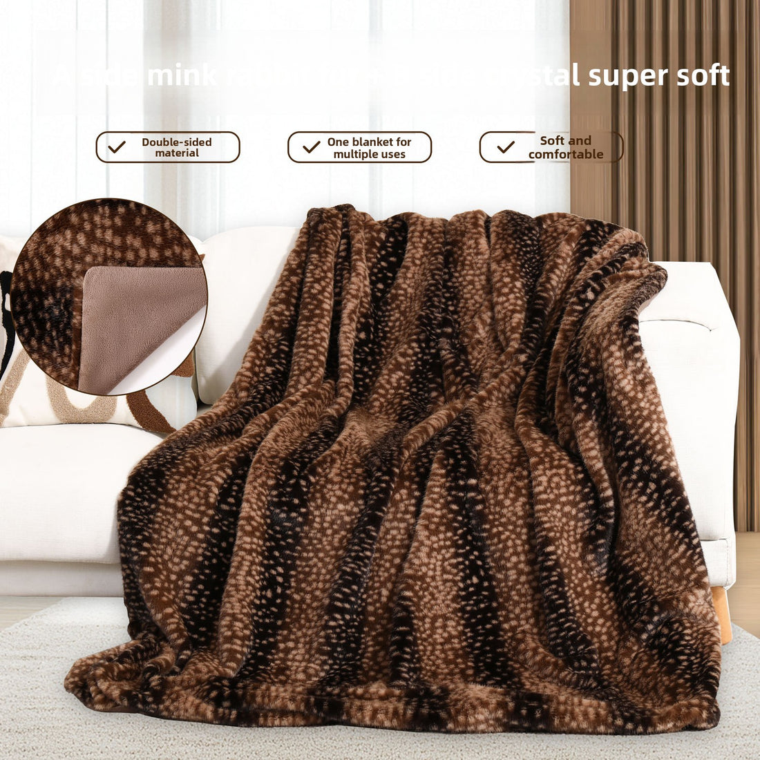 Mink Rabbit Fur Deer Pattern Double-Layer Plush Throw Blanket