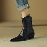 Pointed Toe Thick Heel Genuine Leather Ankle Boots