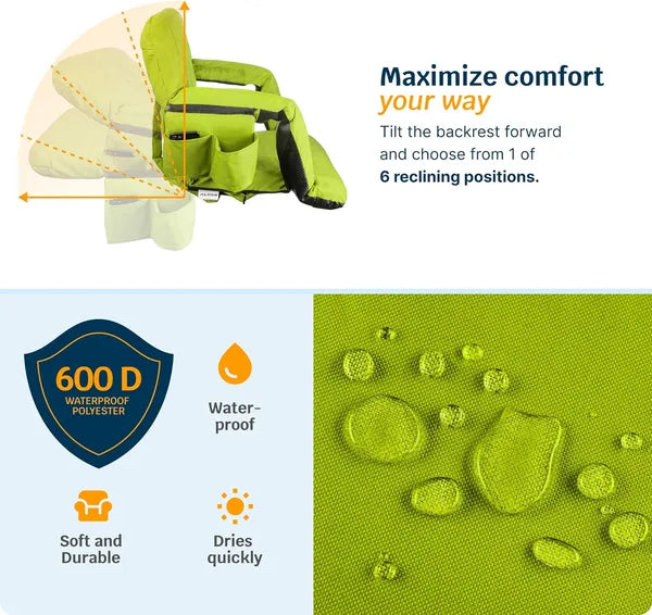 Heated stadium seat adjustable back support angle