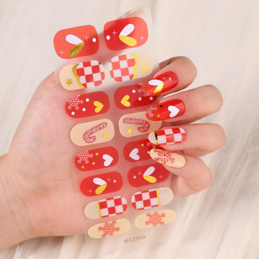 16-Finger French Christmas No-Bake Gel Nail Stickers Self-Adhesive Nail Polish Film Manicure Decals