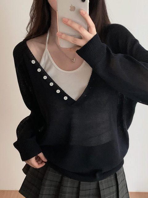 Women Autumn V-Neck Button Long-Sleeve Knit Top