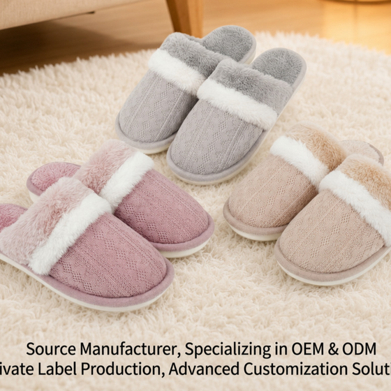 Gray, pink and beige plush slippers with a white fur band on a rug