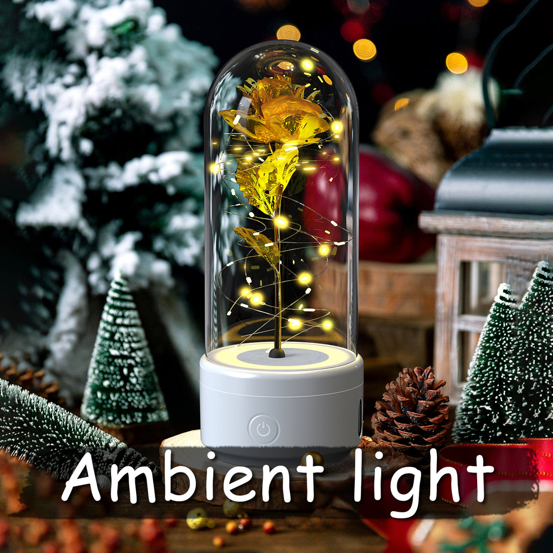 Gold rose glass dome lamp on a white speaker base, ambient light scene