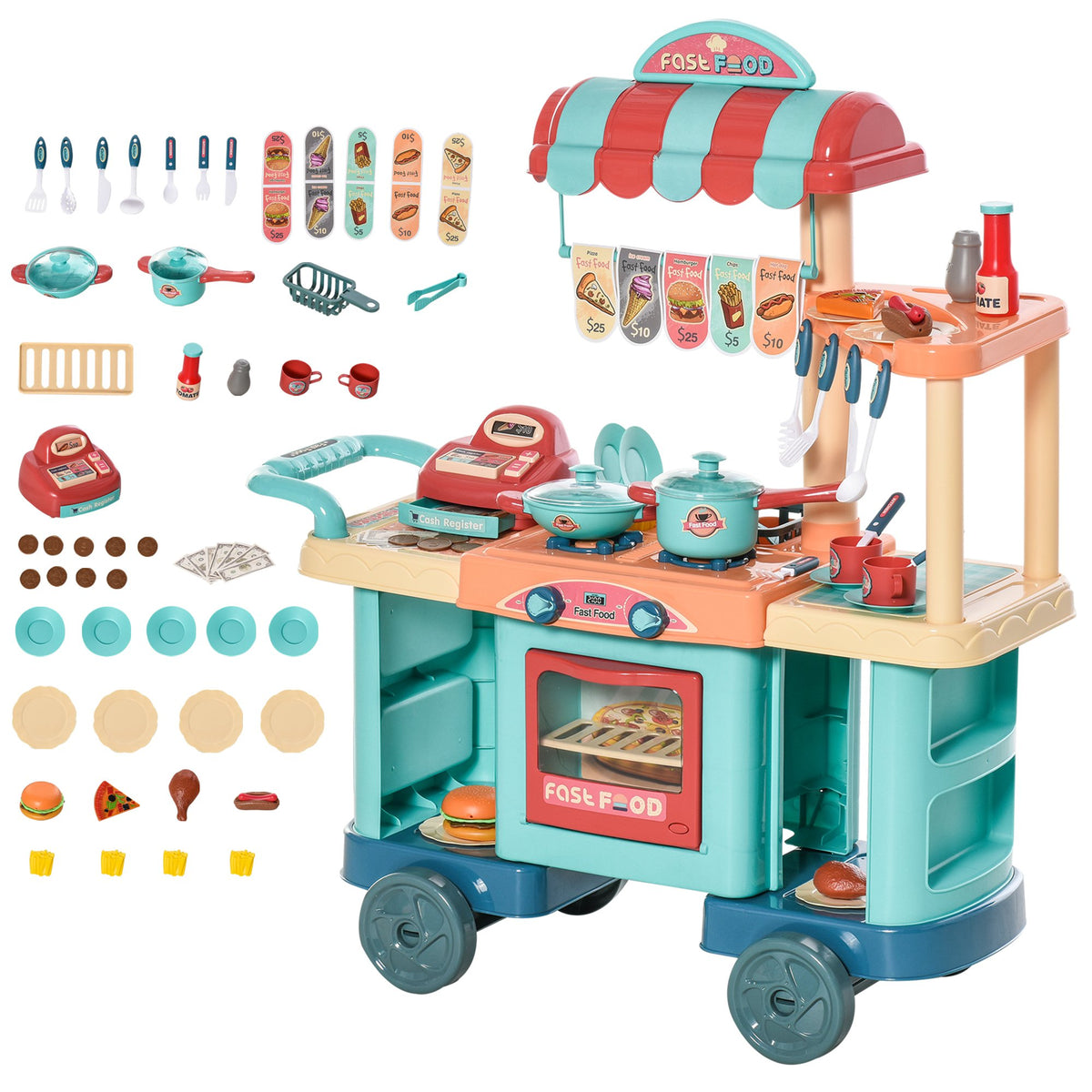 Kids kitchen food play set styled in playroom