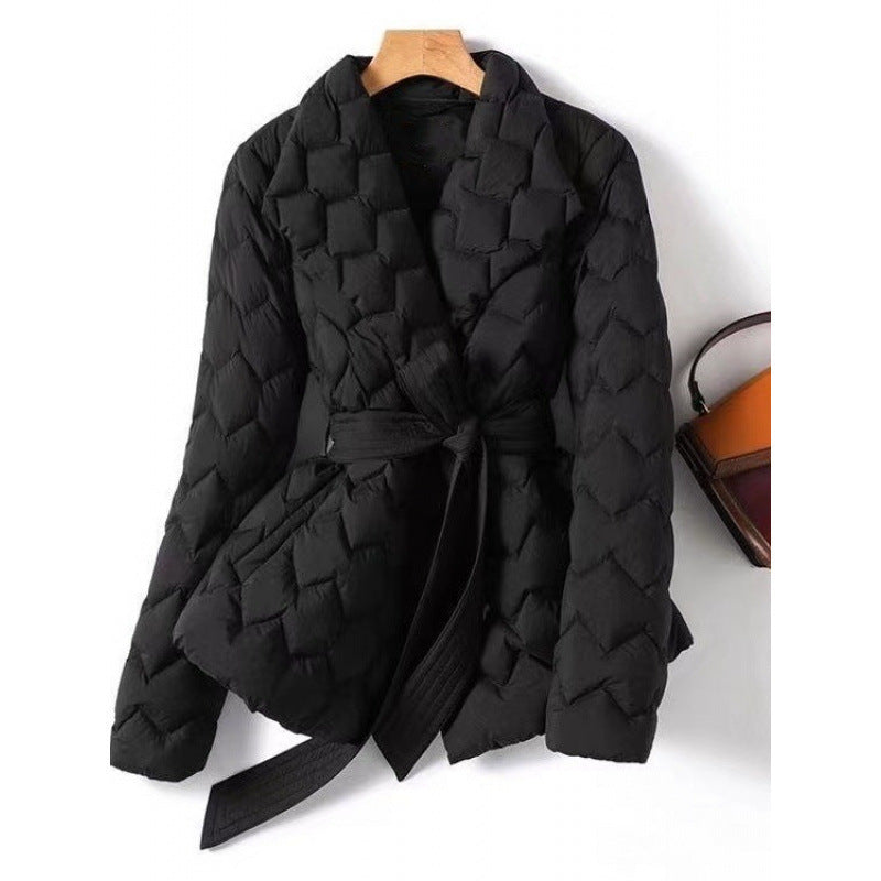 Women's belted geometric pattern padded coat with hood, photo 2