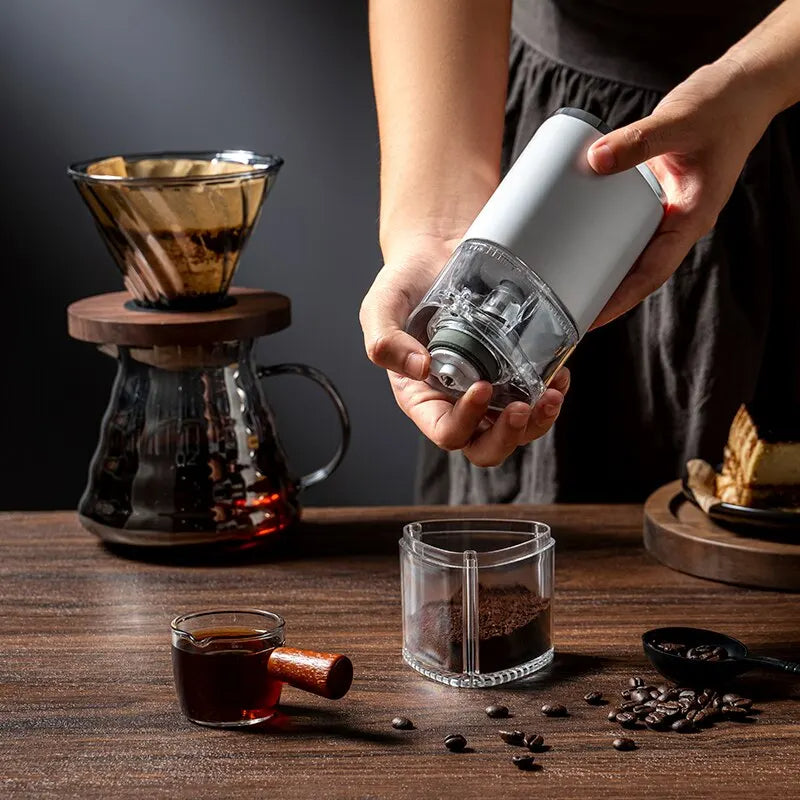 Portable USB coffee grinder standing upright