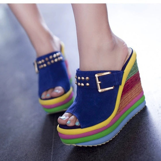 High-heeled platform shoes, genuine leather peep-toe sandals